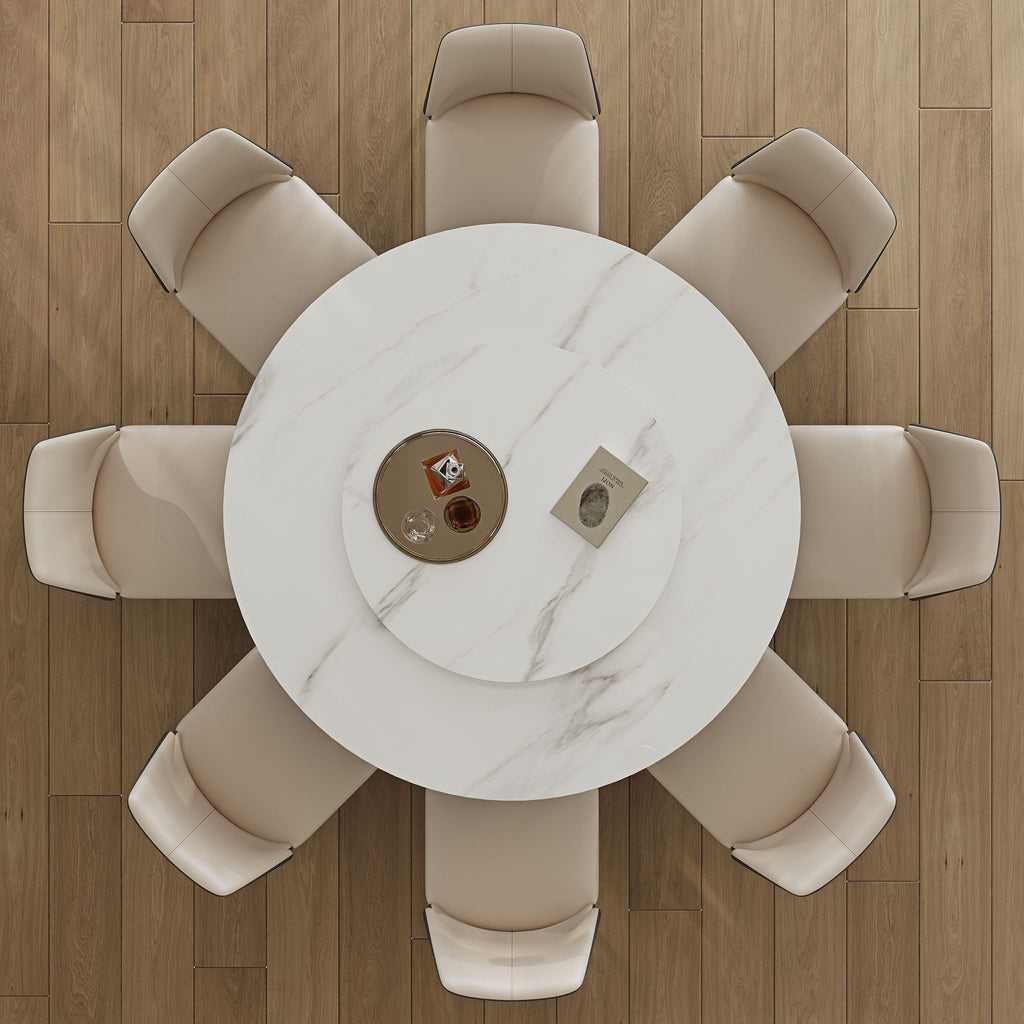 Modern Sintered Stone Dining Table With Round Turntable And Metal Pedestal - White