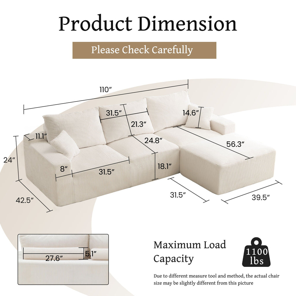 L Shaped Sectional Sofa, Full Compression 3 Seater Cloud Couch With Chaise