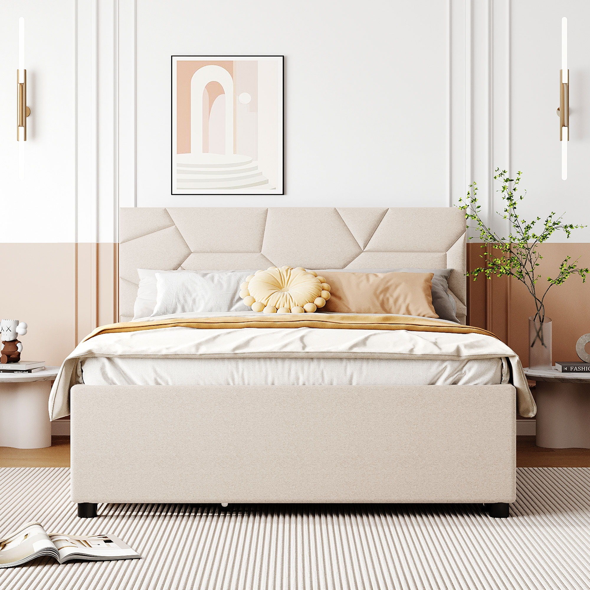 Upholstered Platform Bed With Brick Pattern Headboard And Twin Long Size Trundle