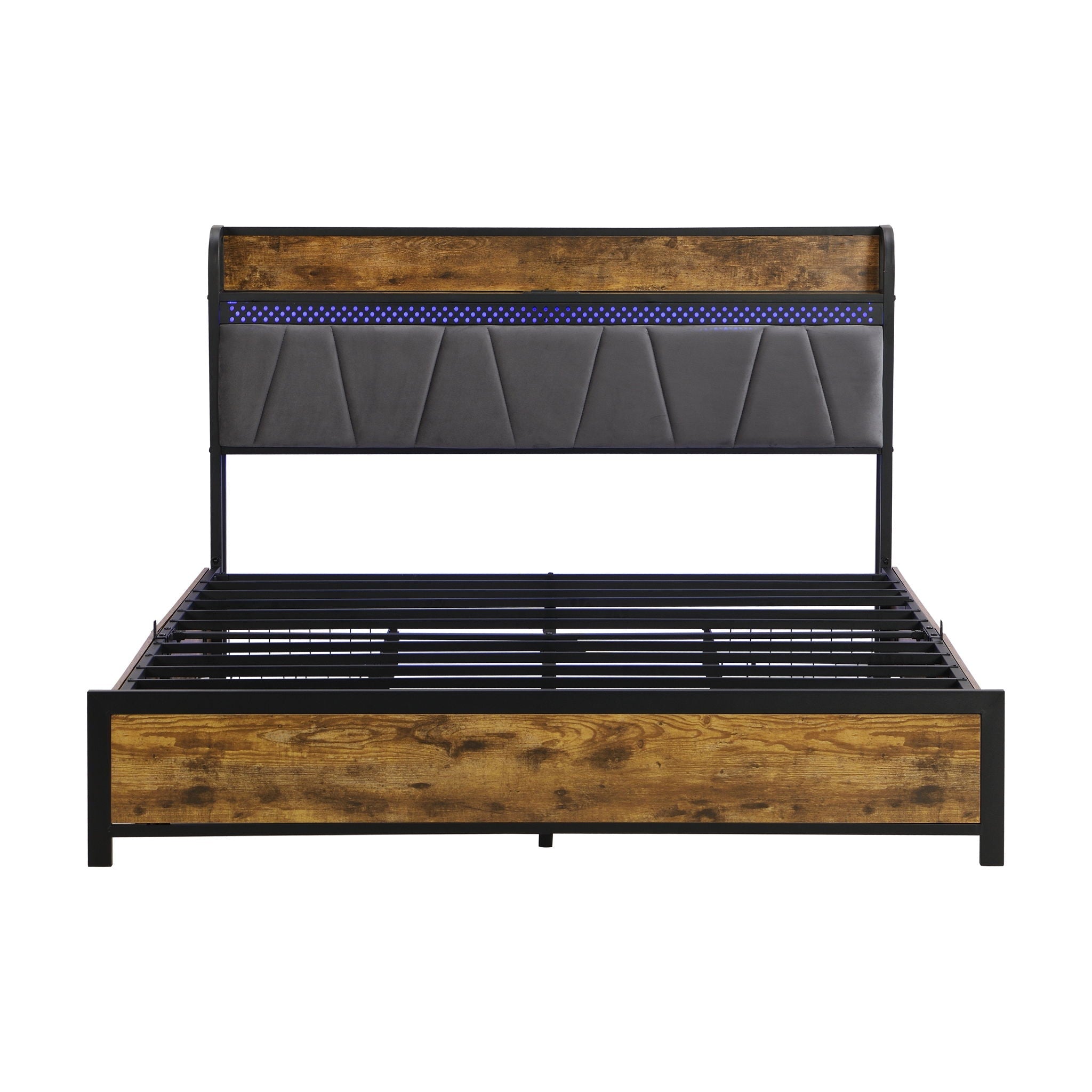 Contemporary Bed Frame With Storage Headboard, Charging Station, LED Lights