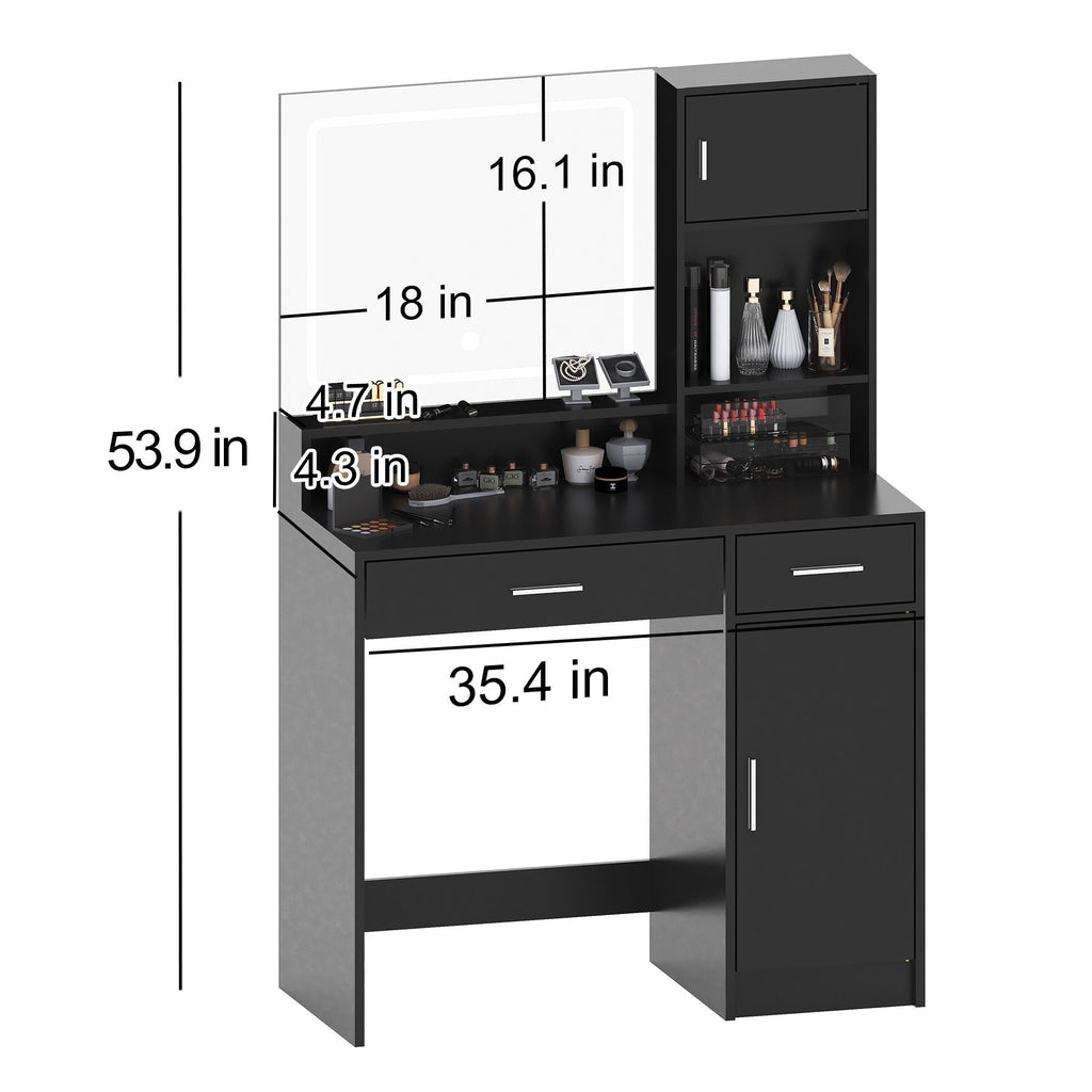 Vanity Desk With Mirror And LED Light Strip, Dressing Table With Large Drawer, 3 Level Storage Dresser & 3 Lighting Modes Adjustable Brightness, Suitable For Bedroom