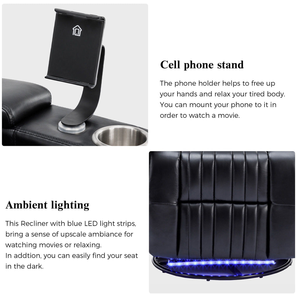 270° Power Swivel Recliner Home Theater Chair With Hidden Arm Storage, LED Light, Cup Holder, And Tray Table