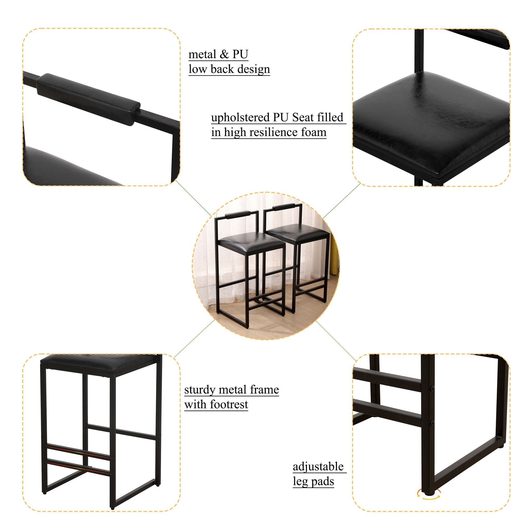 Elegant Bar Stool Set With Backrest And Footrest, Counter Height (Set of 2)