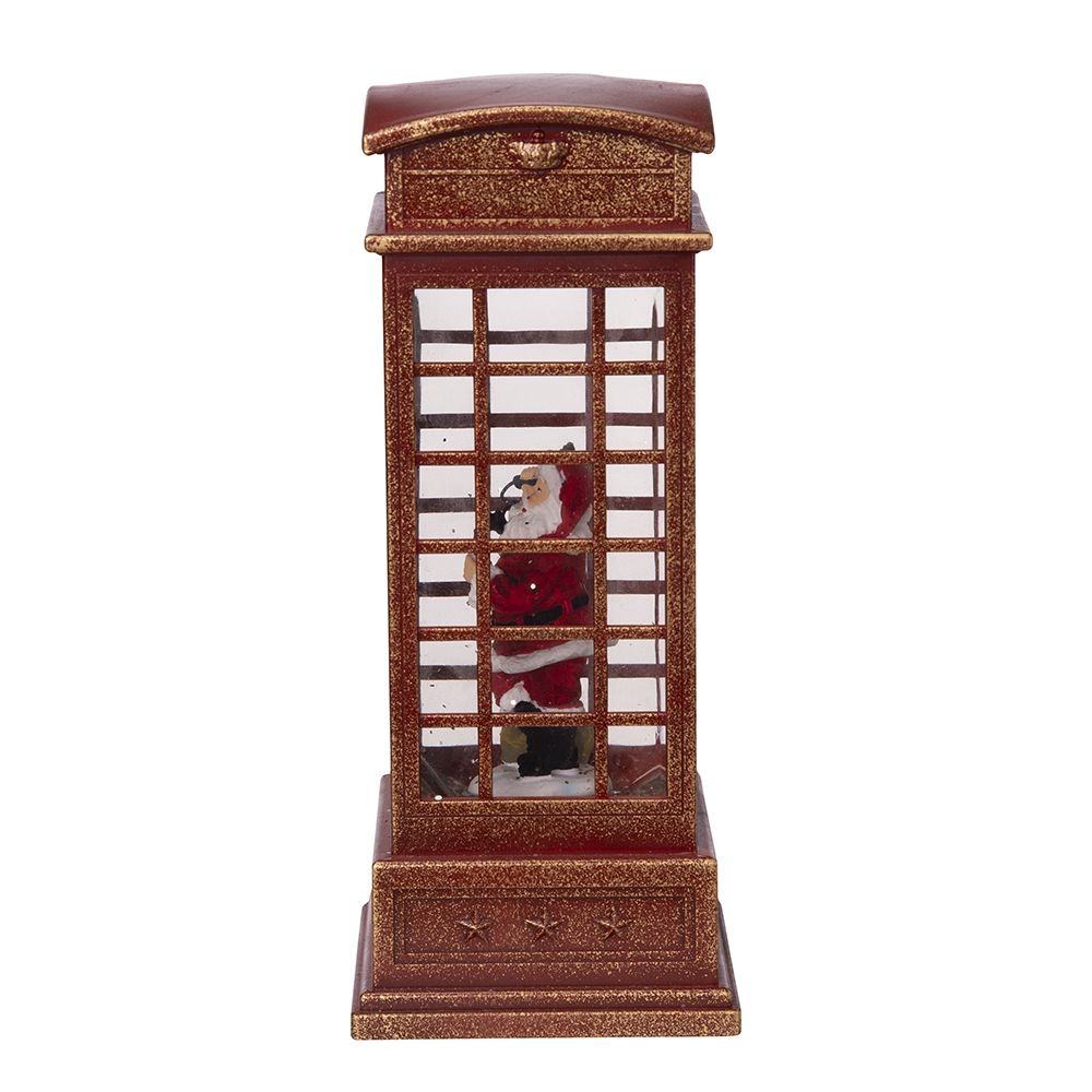 Christmas Lighted Water Spinning Phone Booth With Santa On Phone, 3*AA Batteries Required - White / Red
