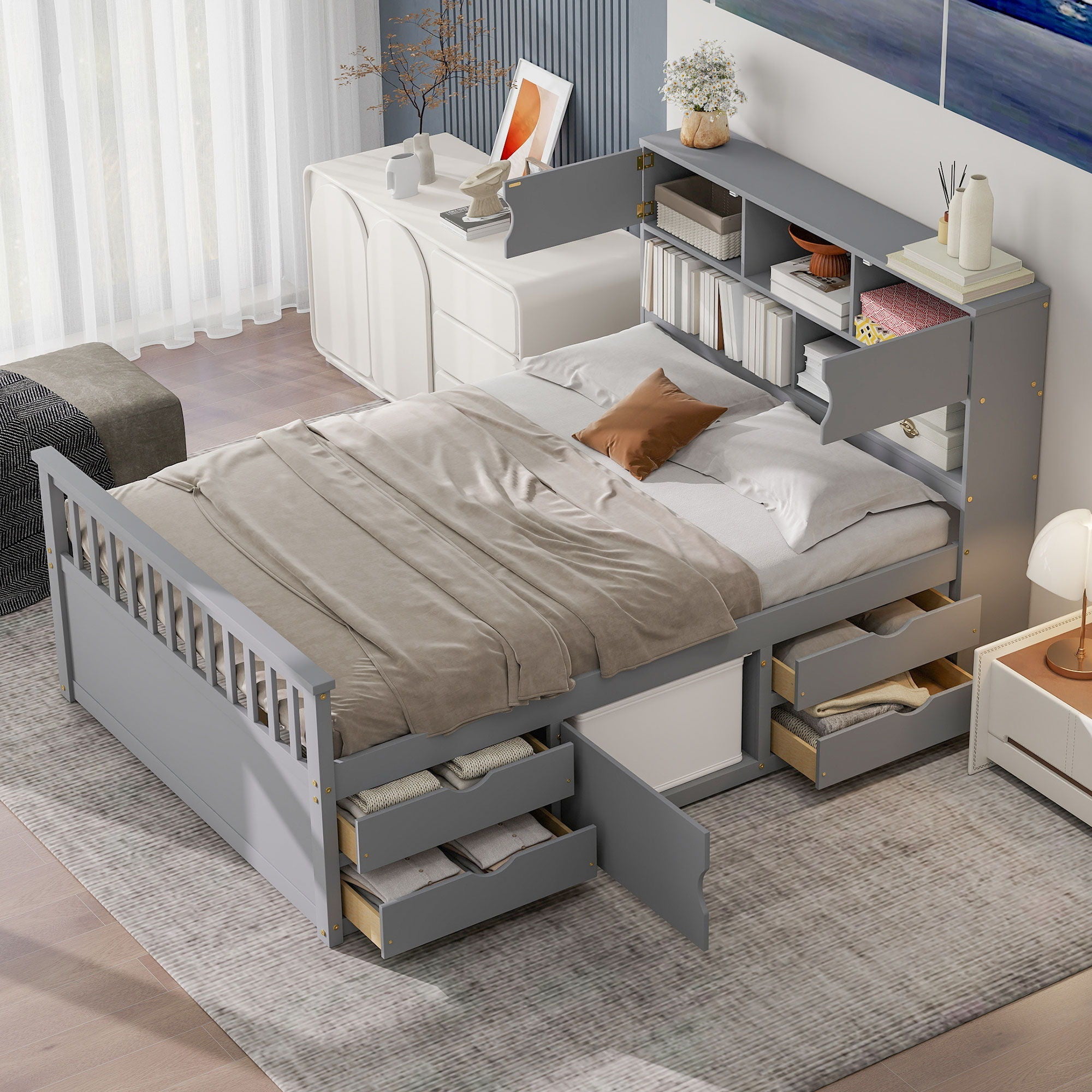 Captain Platform Bed Frame With Bookcase Headboard, 4 Drawers, Storage Shelves