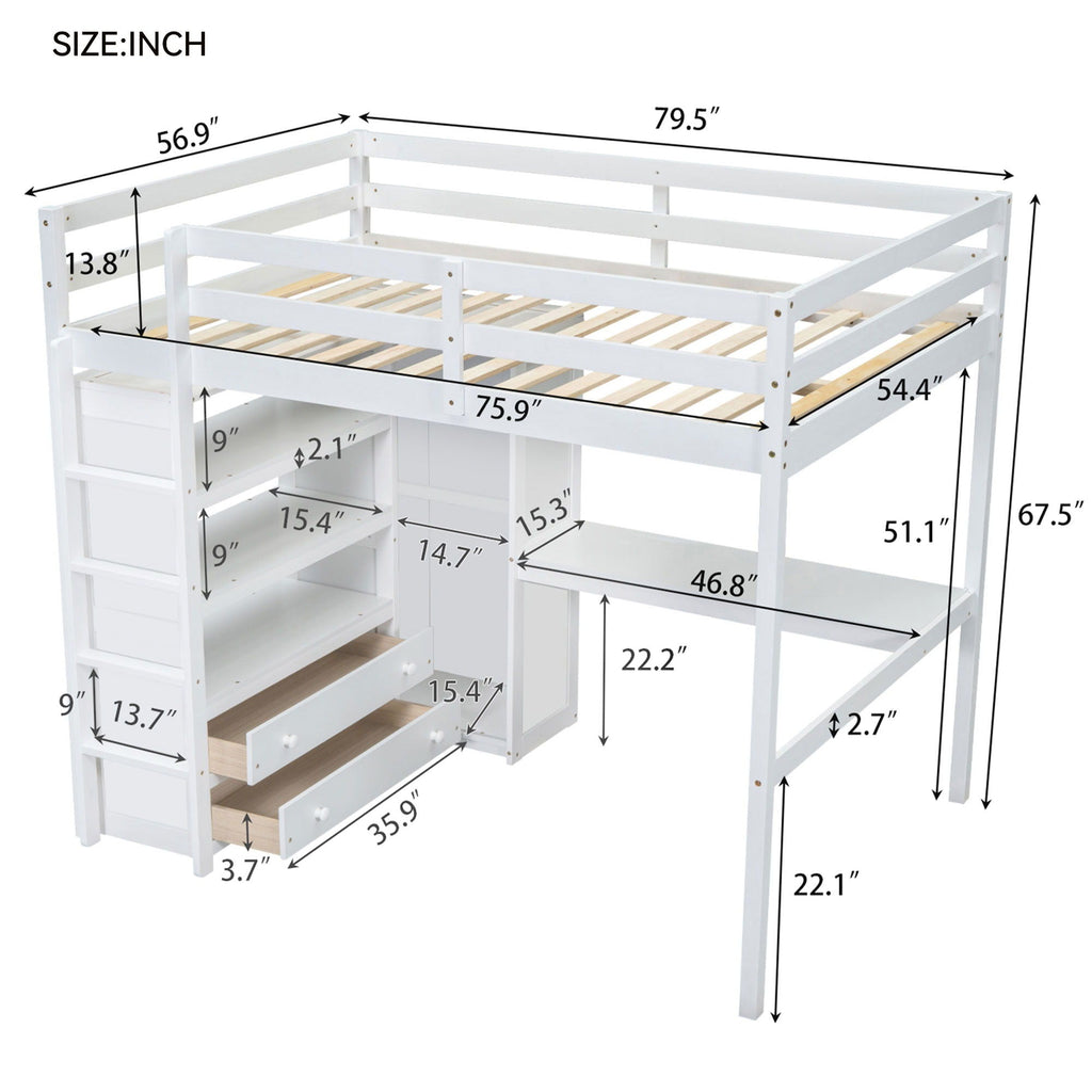 Loft Bed With Built In Wardrobe, Desk, Shelves And Drawers