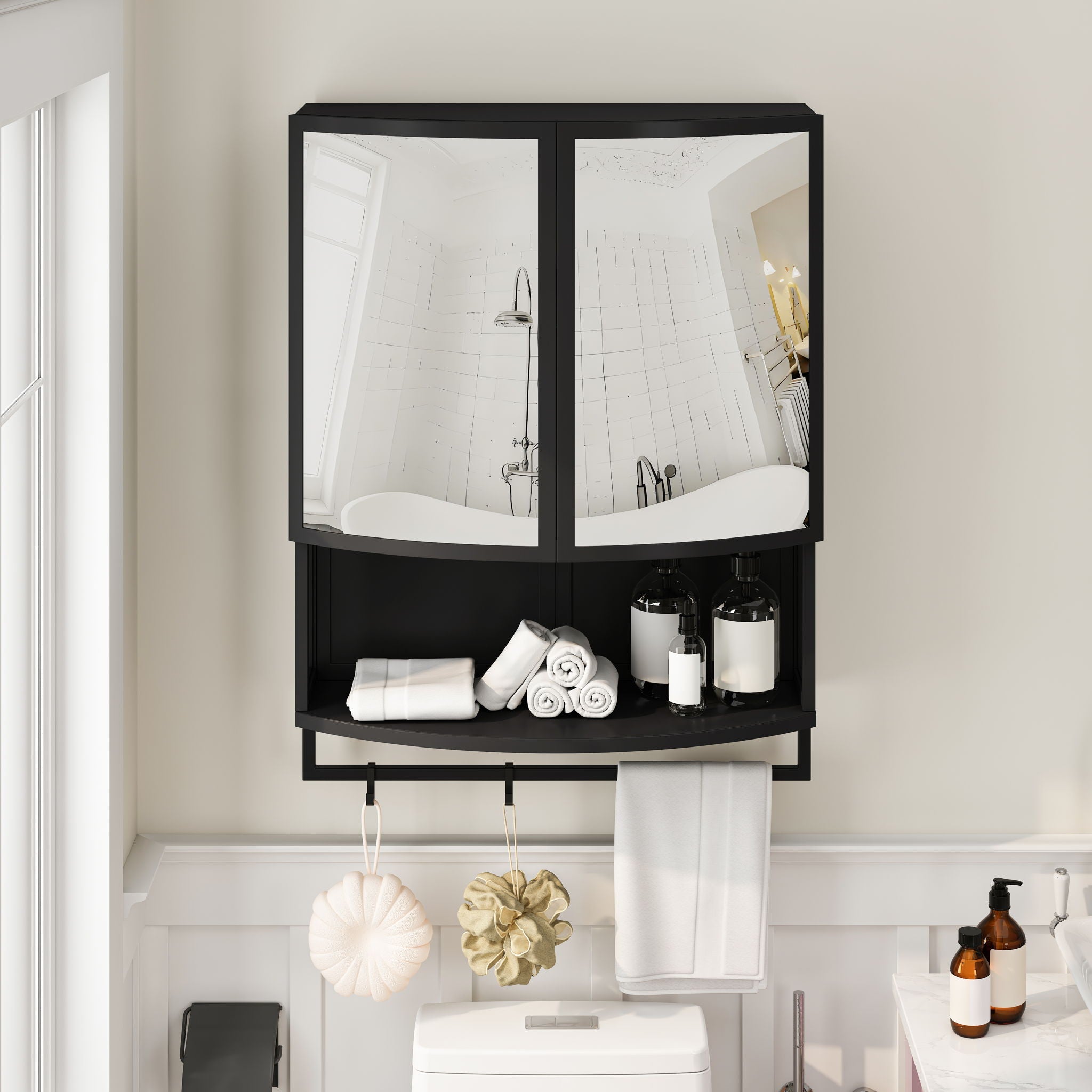 Arched Glass Double Door Wardrobe With Shatterproof Mirror, Open Shelf & Towel Rack