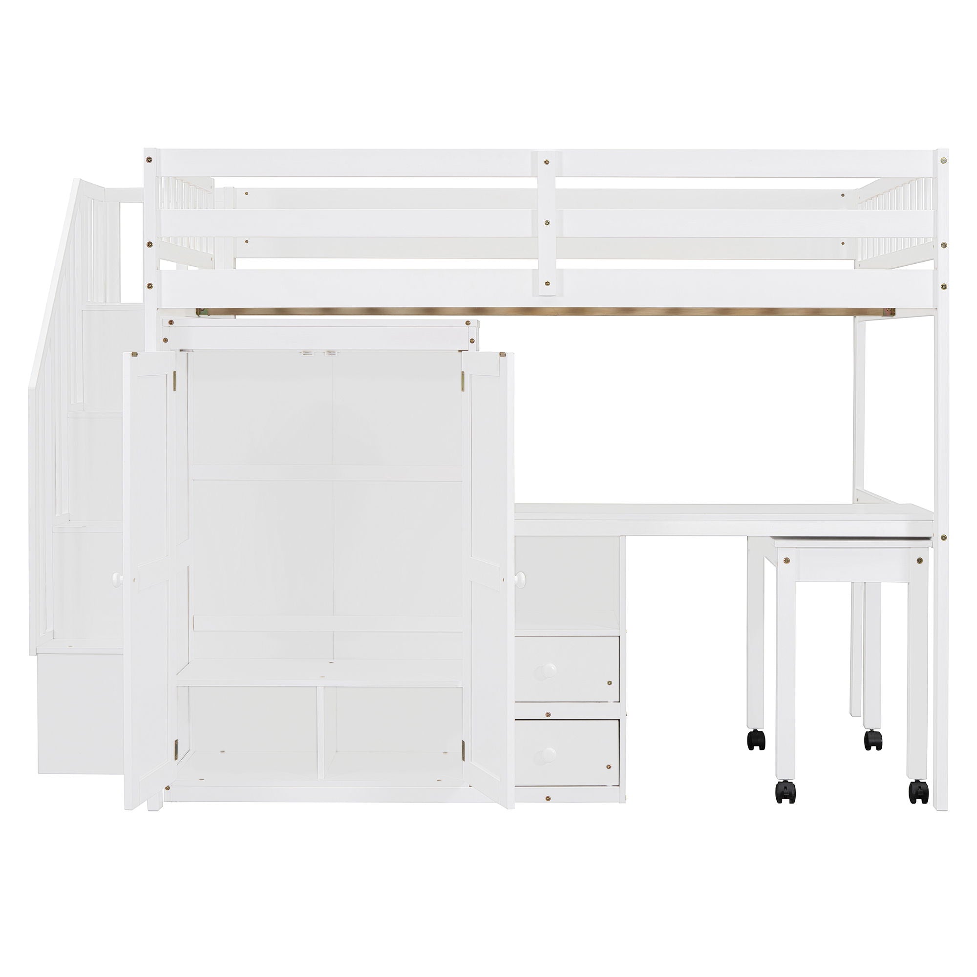 Loft Bed With Stairs, Bookshelf, Drawers, Desk & Wardrobe, Space Saving Multifunctional Furniture
