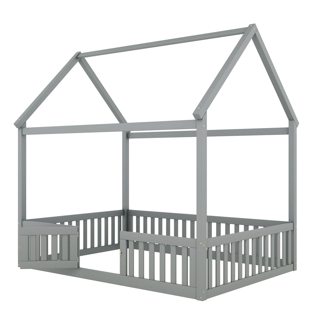 Wood House Bed With Fence And Door
