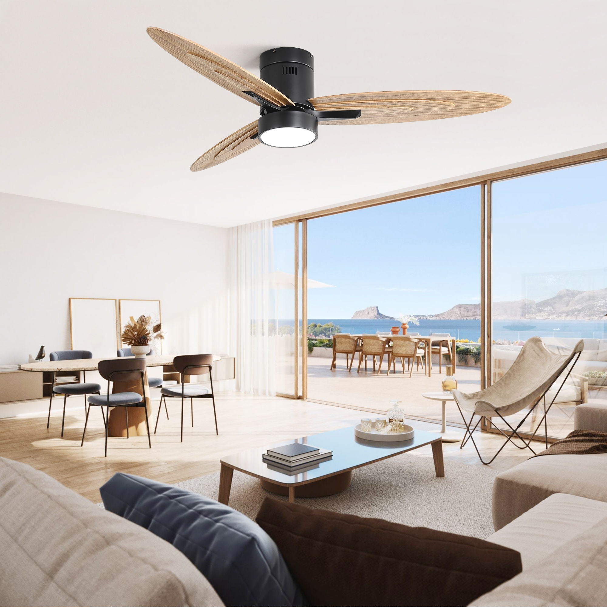 Flush Mount Ceiling Fan With Light And Remote Control, 3 Blades, Reversible DC Motor - Black