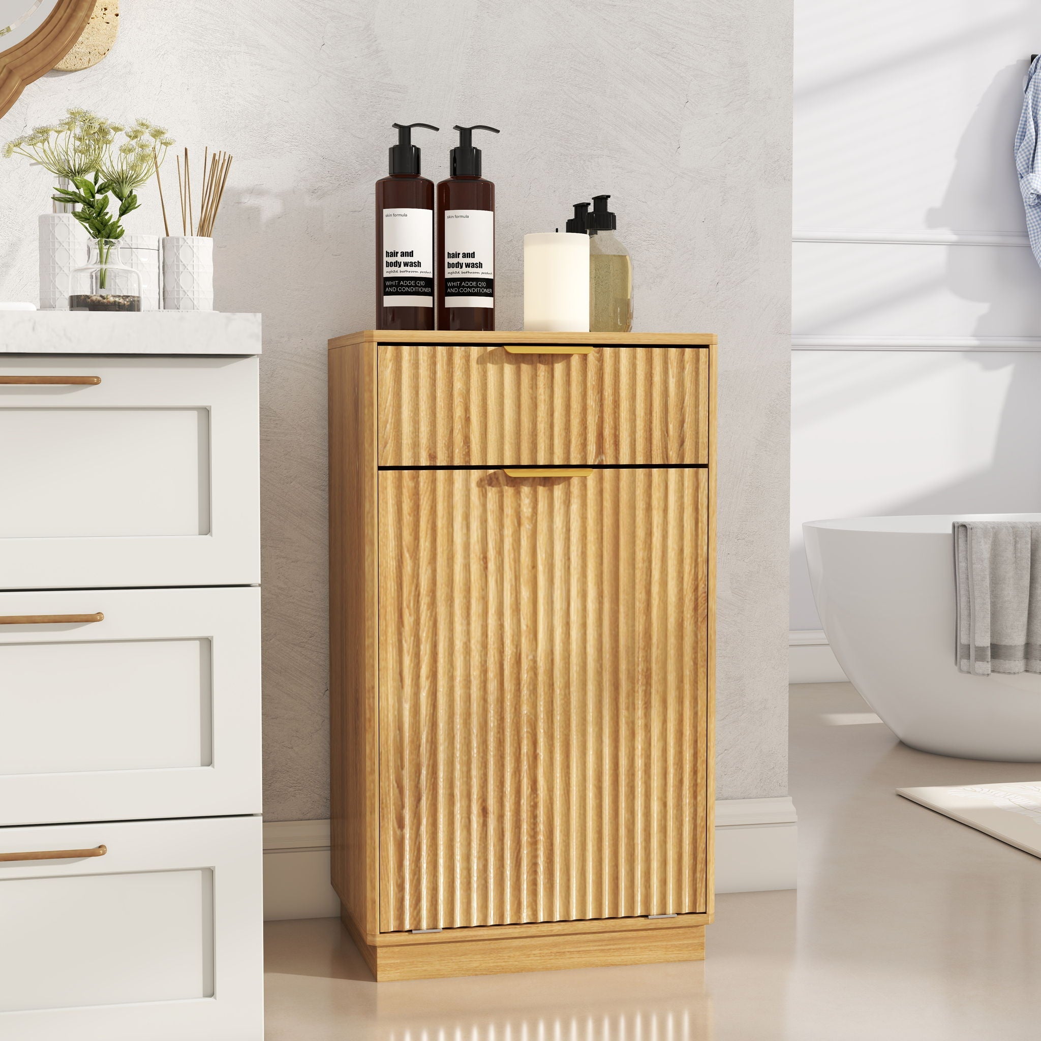 Tilt Out Trash Can Cabinet With Wave Textured Drawer & Pull Out Bin