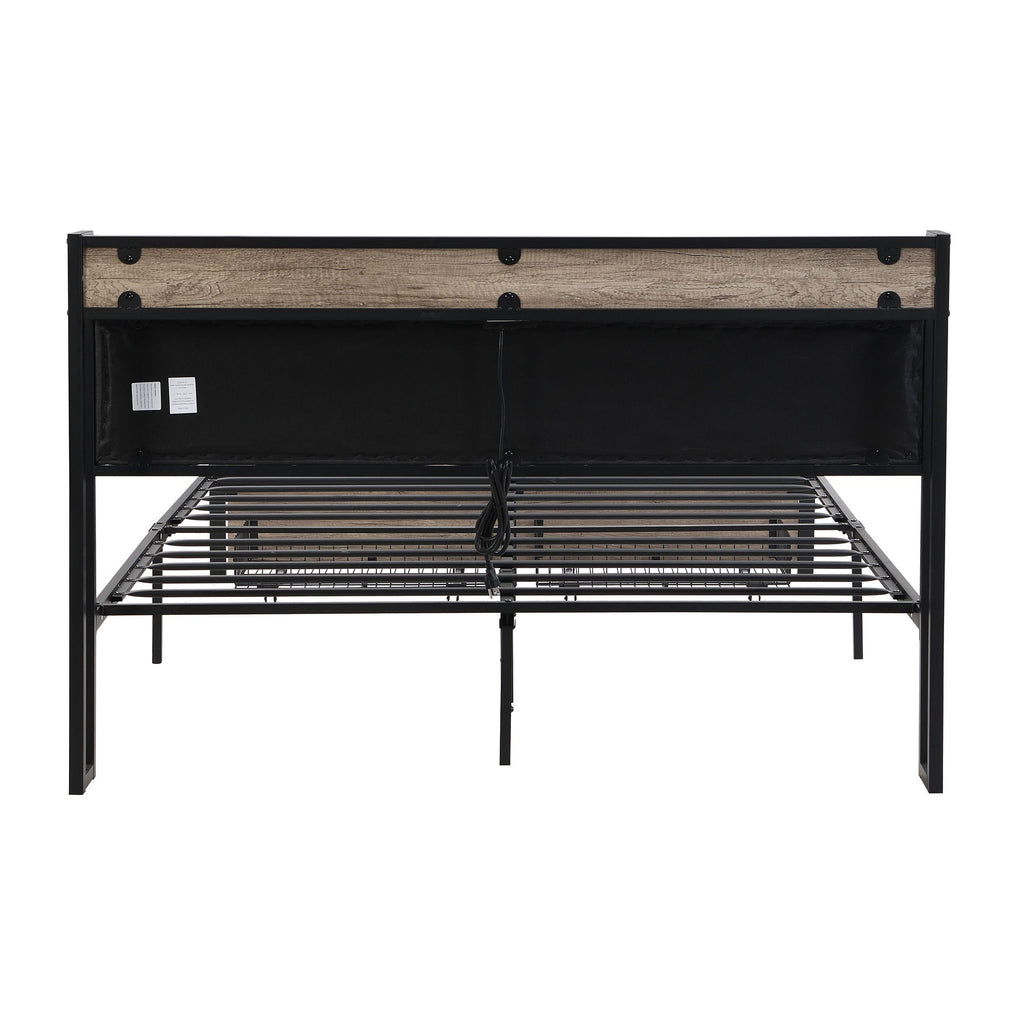 Modern Bed Frame With LED Lights, Upholstered Headboard, USB Charging