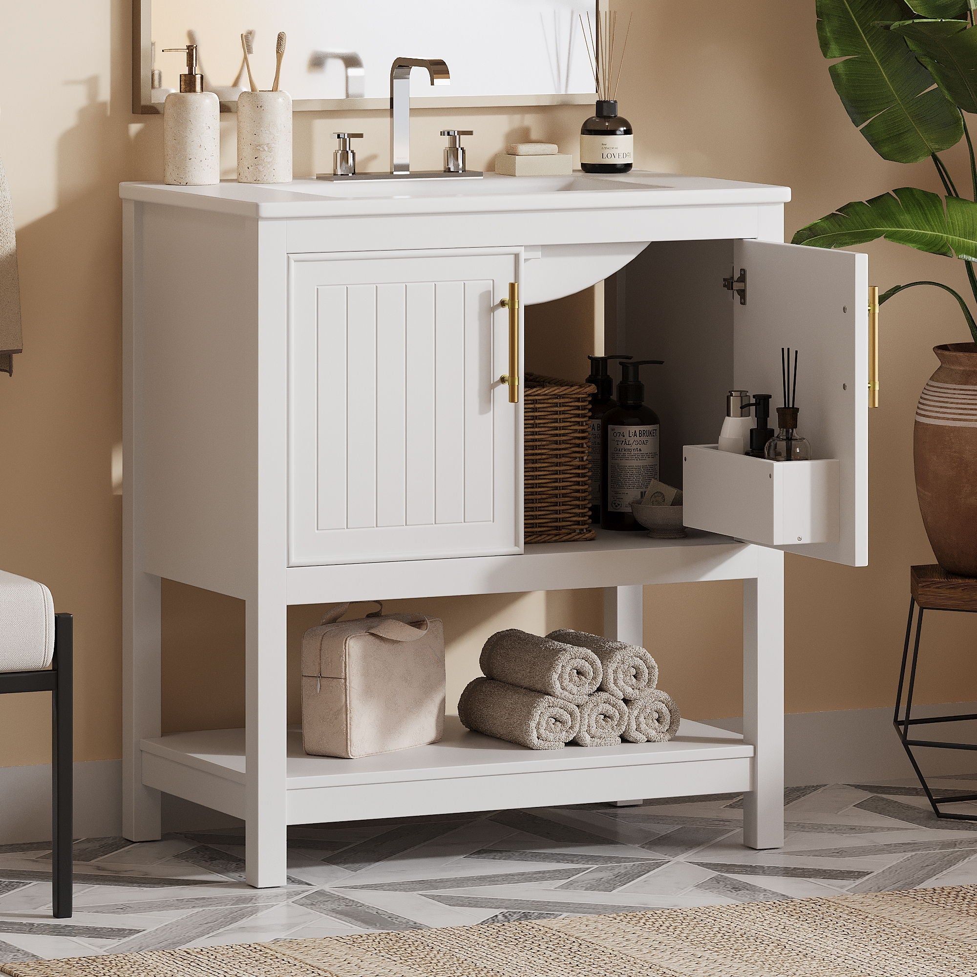 Elegant Bathroom Vanity With Ceramic Sink And Versatile Storage