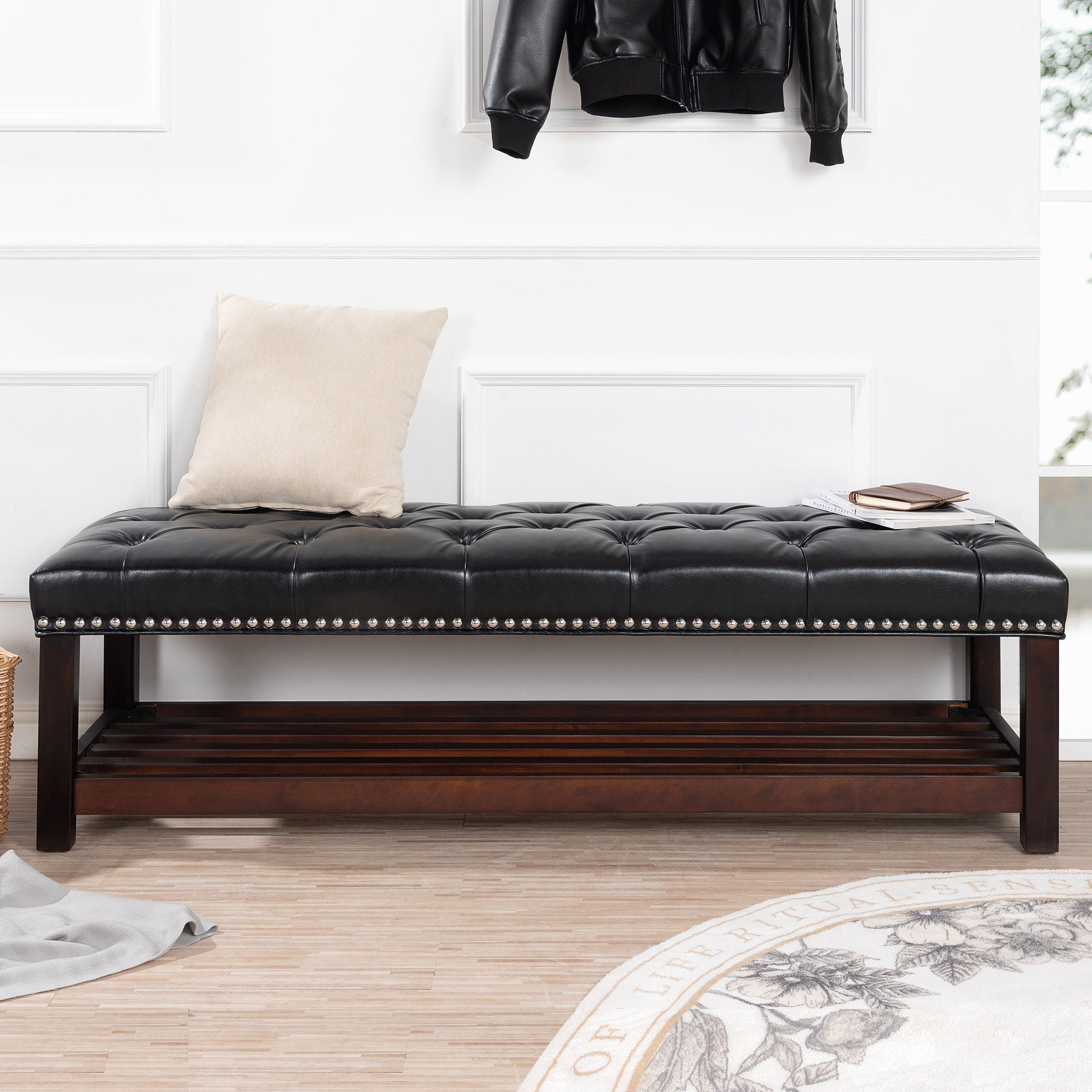Bedroom End Of Bed Bench Tufted Upholstered End Of Bed Bench End Of Bed Entrance Shoe Bench With Nailhead Trim And Shelf Bedroom Upholstered Bench Living Room Shoe Rack Footstool