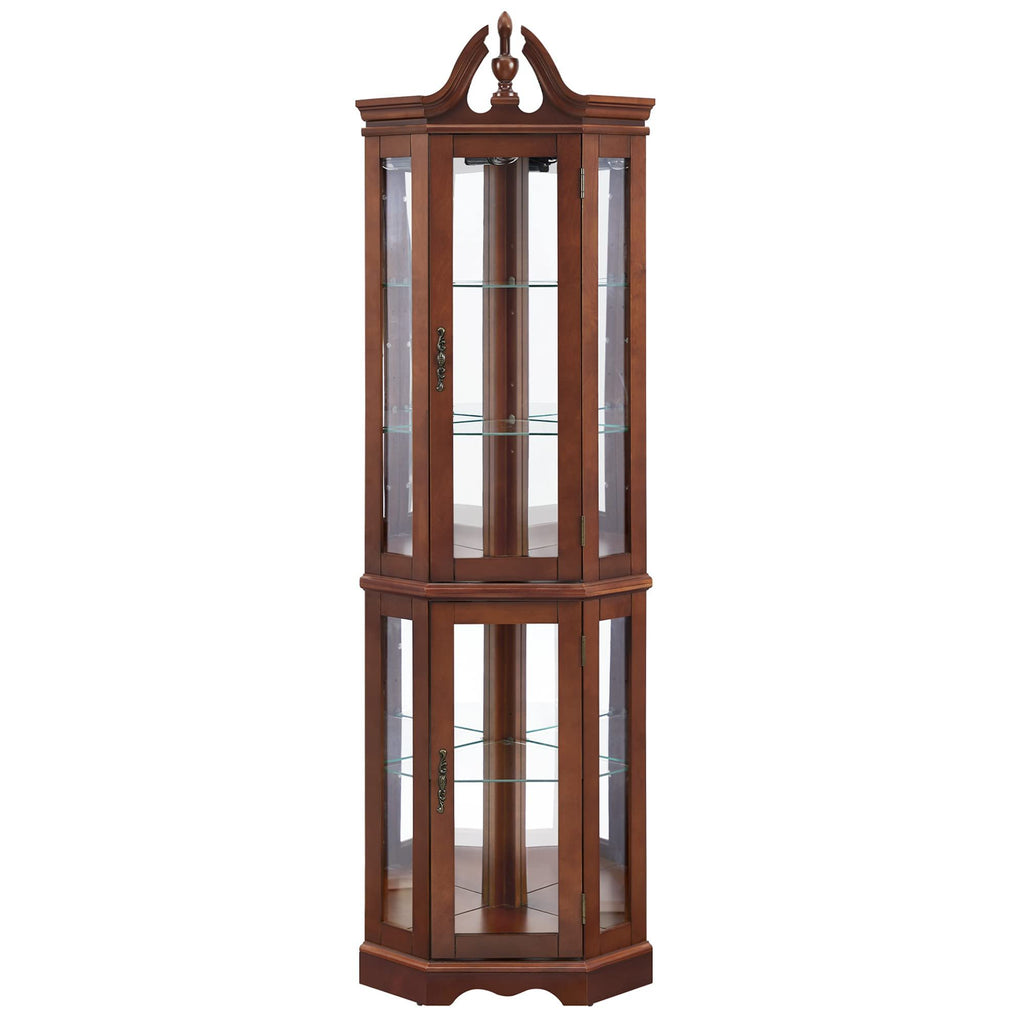 Corner Curio Cabinet With Lights, Adjustable Tempered Glass Shelves, Display Cabinet (E26 Light Bulb Not Included) - Mirrored / Walnut