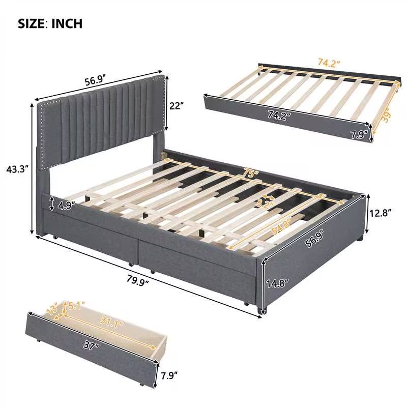 Upholstered Platform Bed With Drawers, Classic Headboard Design