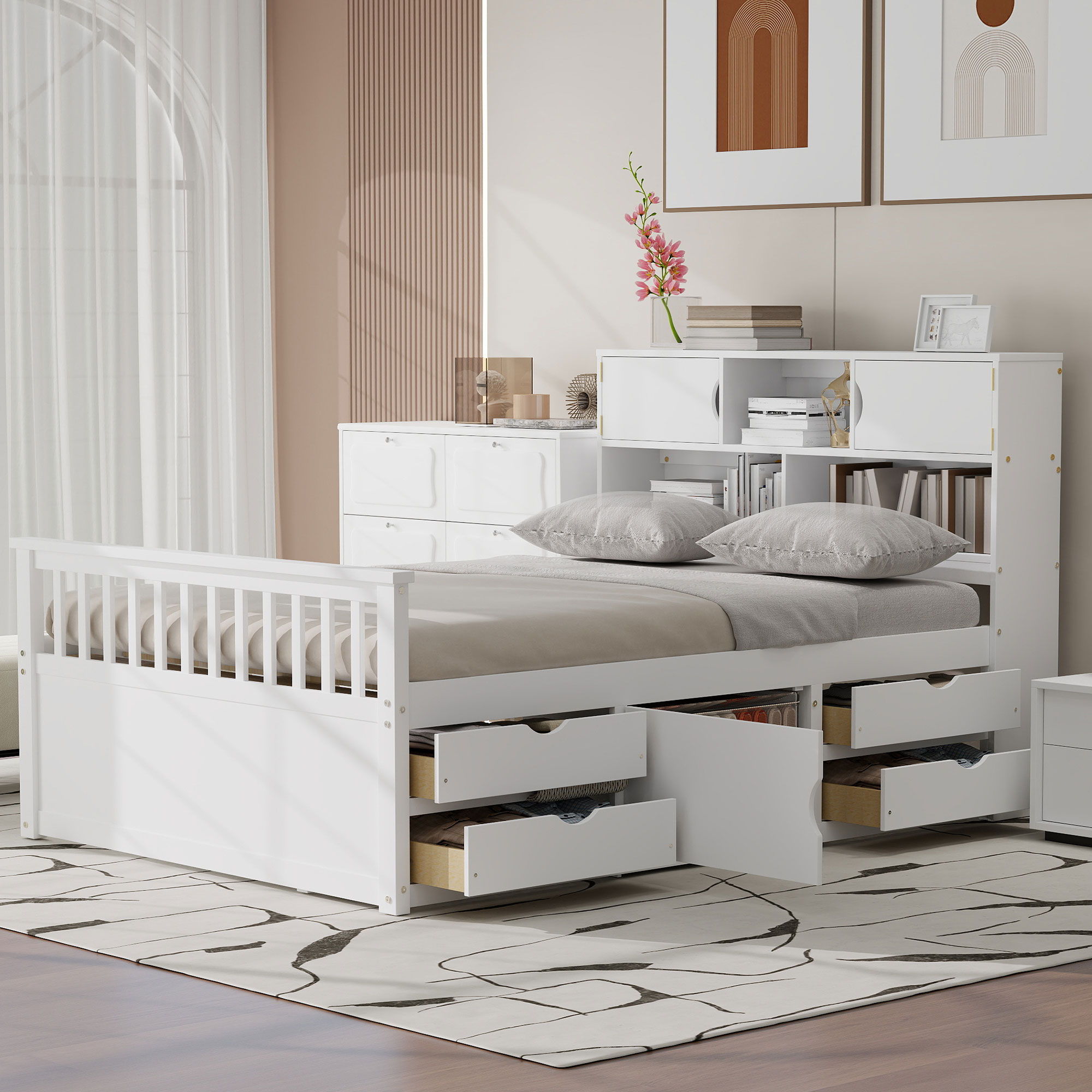 Captain Platform Bed Frame With Bookcase Headboard, 4 Drawers, Storage Shelves