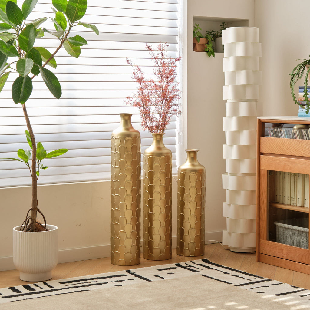 Floor Metal Vases Decorated White Metal Vases (Set of 3) Gorgeous Home Decoration Large Glazed Metal Vases - Golden