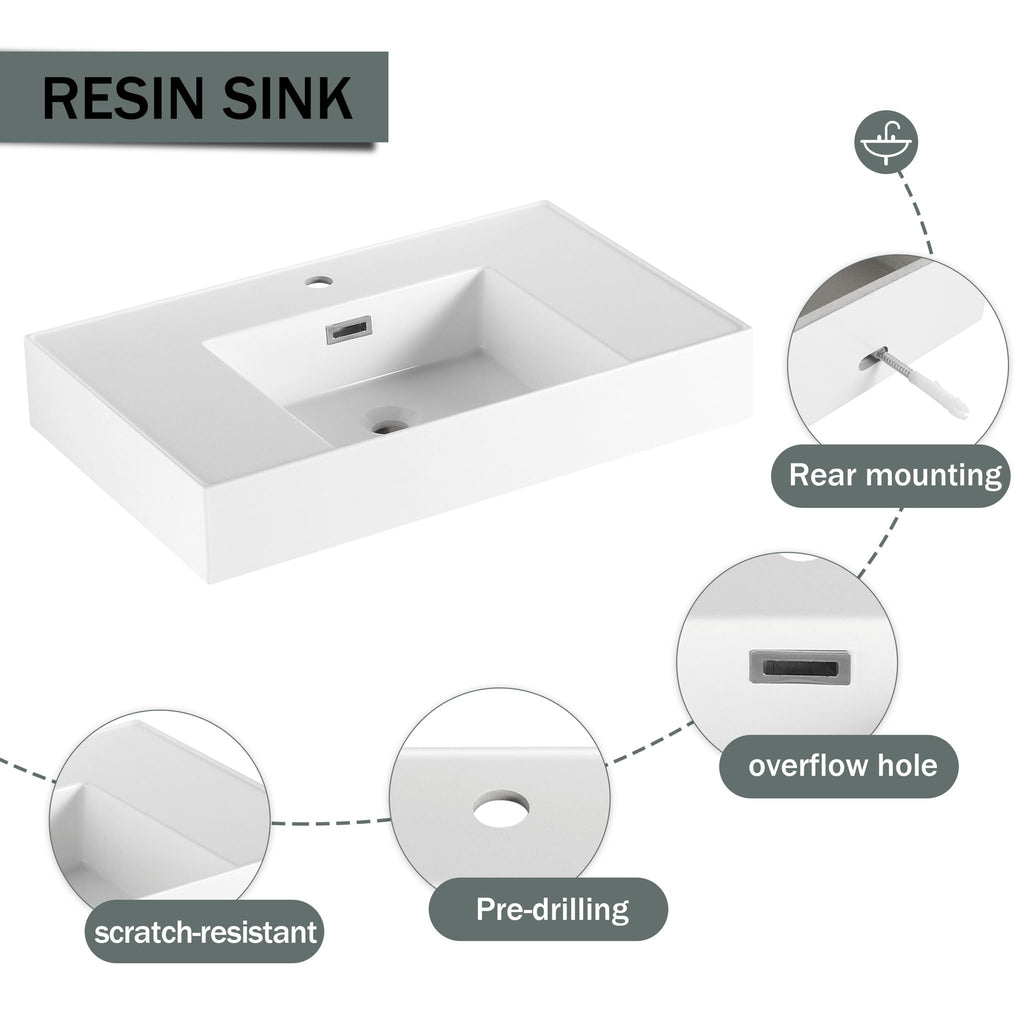 Modern Wall Mounted Bathroom Vanity With Resin Sink And Side Cabinet - Brown Ebony