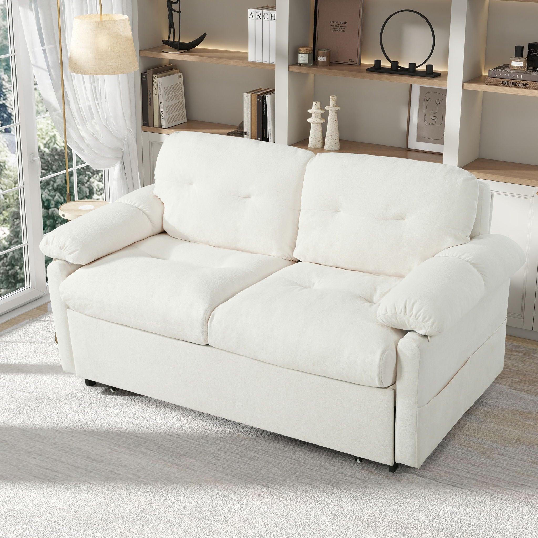 Convertible Pull Out Sofa Bed Queen Size, 3 In 1 With Side Storage