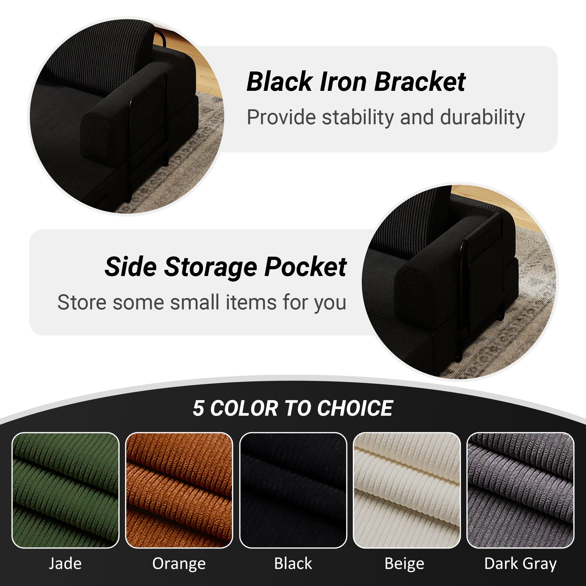 Convertible Sleeper Sofa Bed With Cylindrical Pillow, Fixed Shape Frame