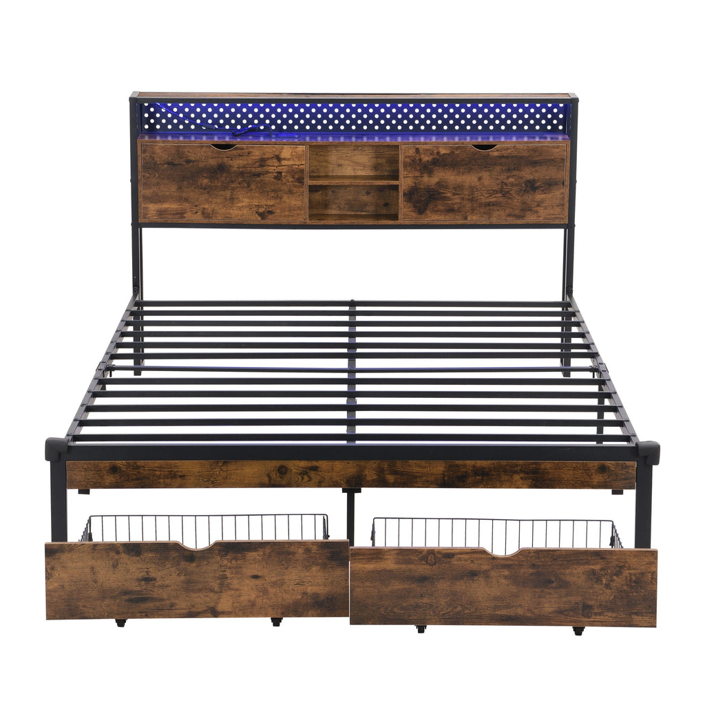 Modern Platform Bed, USB Charging Station, 2 Drawers, LED Lights