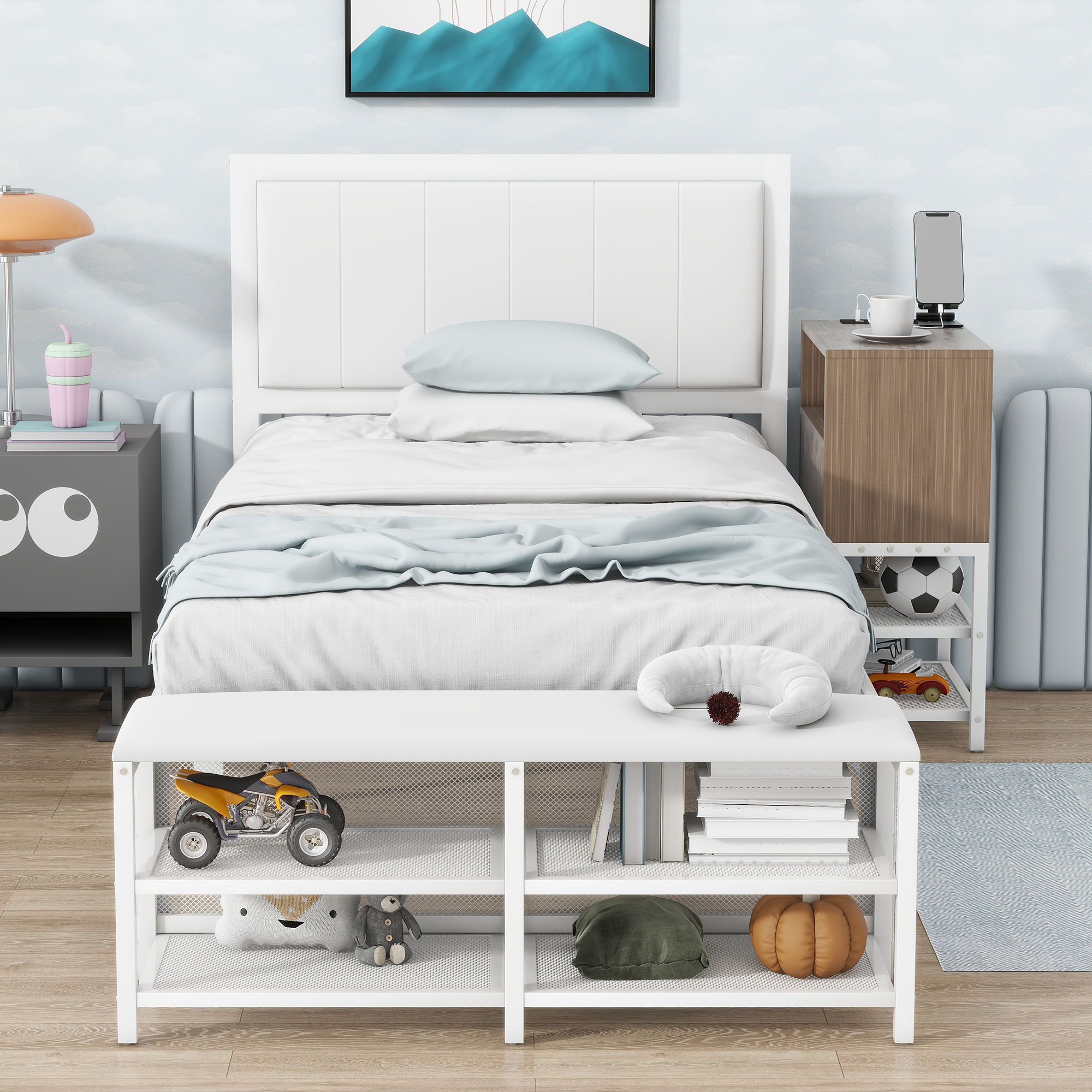 Platform Bed With 2 Tier Storage Shelves, Storage Cabinet