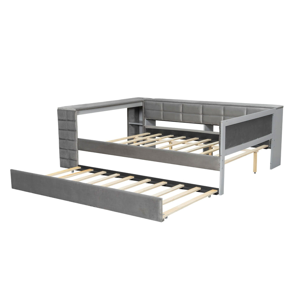 Upholstered Platform Bed With Storage Shelves, Desk, Charging Station And Trundle