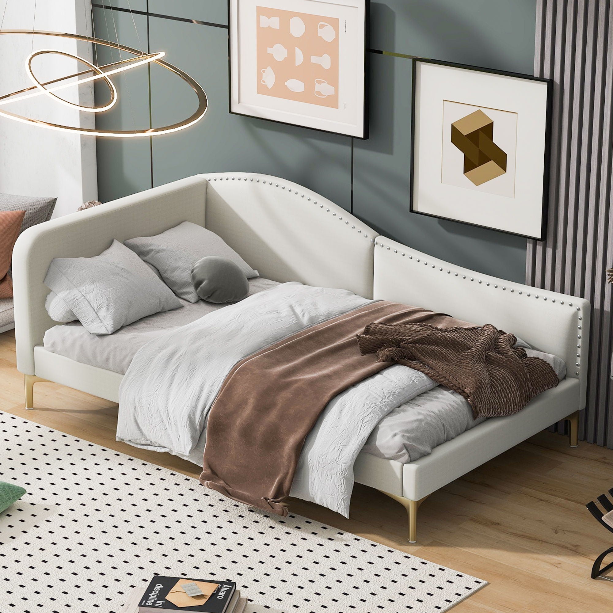 Upholstered Daybed With Headboard And Armrest, Support Legs