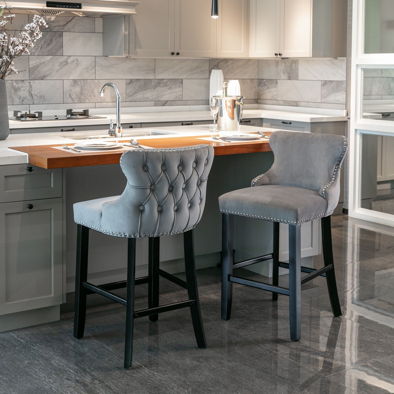 Contemporary Upholstered Wing-Back Barstools With Button Tufted Decoration And Wooden Legs, And Nailhead Trim, Leisure Style Bar Chairs, Bar Stools (Set of 2)