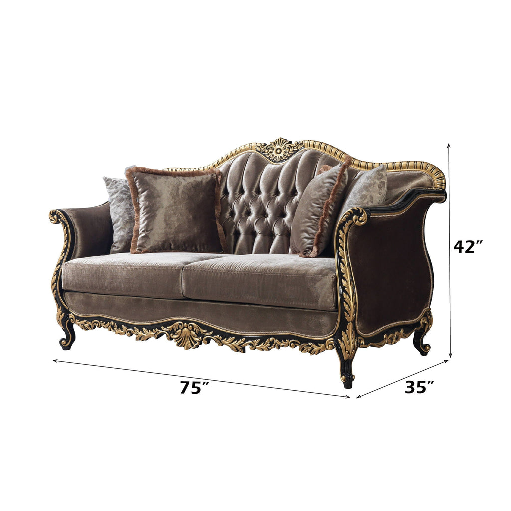 Betria - Loveseat With 4 Pillows - Light Green Velvet, Gold & Black High Gloss