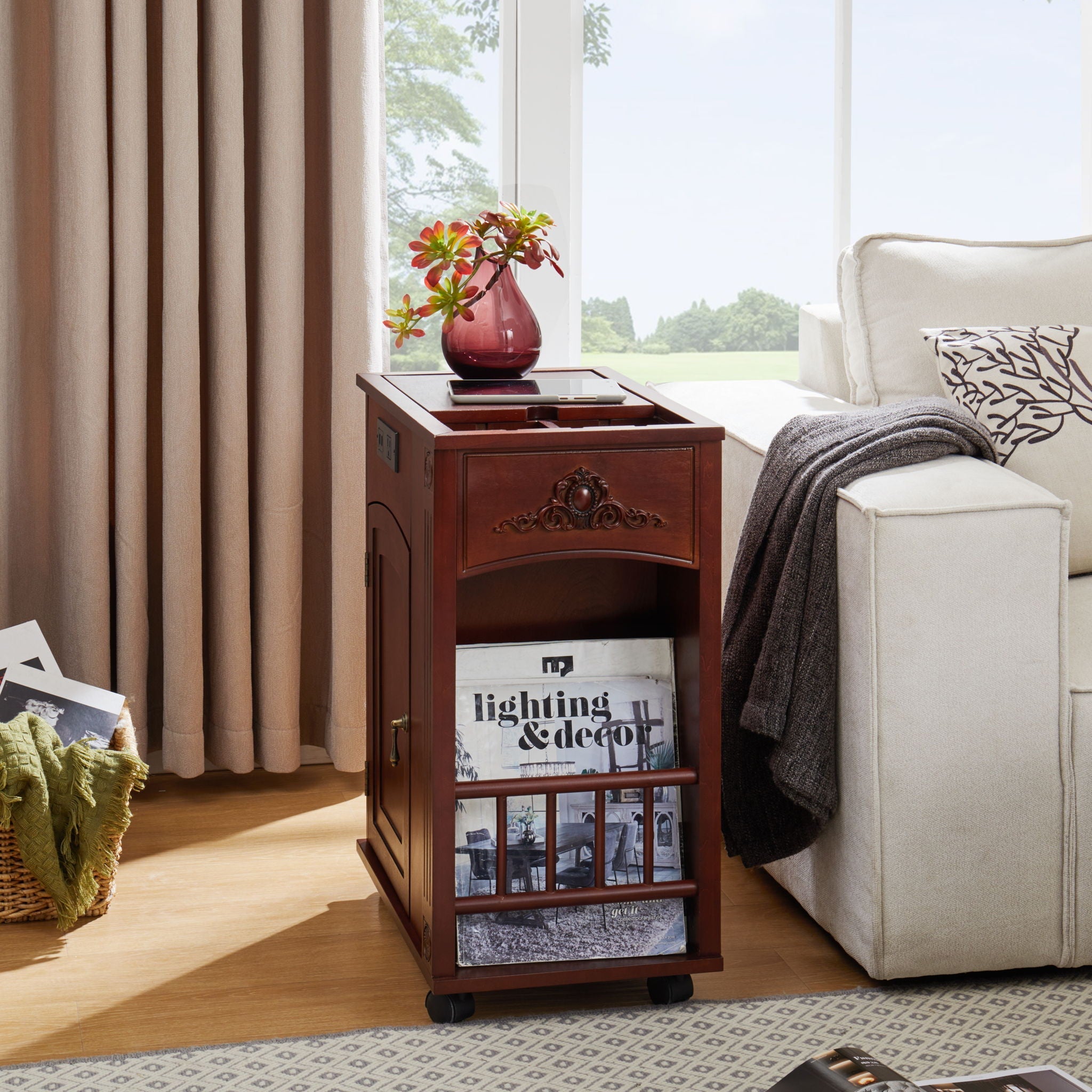 Traditional End Table With Charging Station, Narrow Side Table With USB Ports And Outlets - Red Walnut
