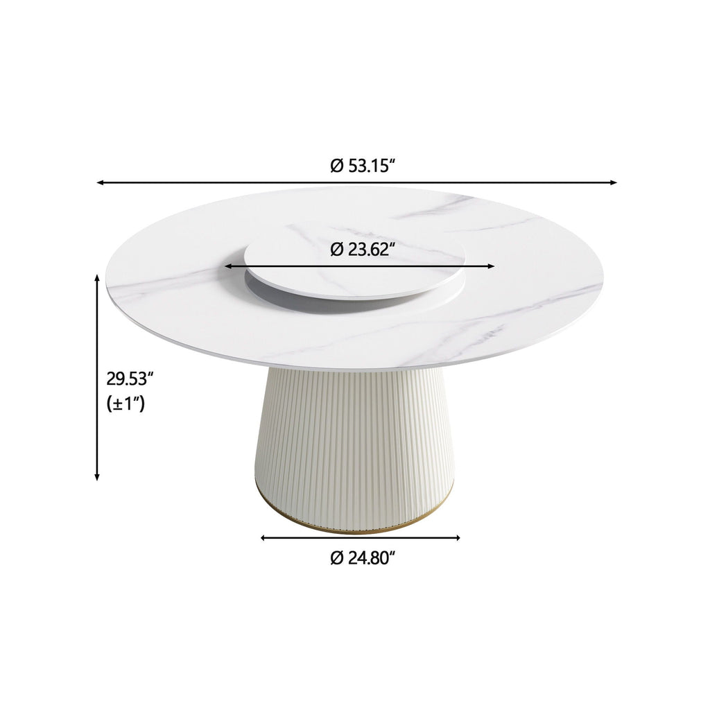 Modern Artificial Stone Round Plywood Base Dining Table, Can Accommodate 6 People, Artificial Stone Turntable (Not Including Chairs) - White / Beige