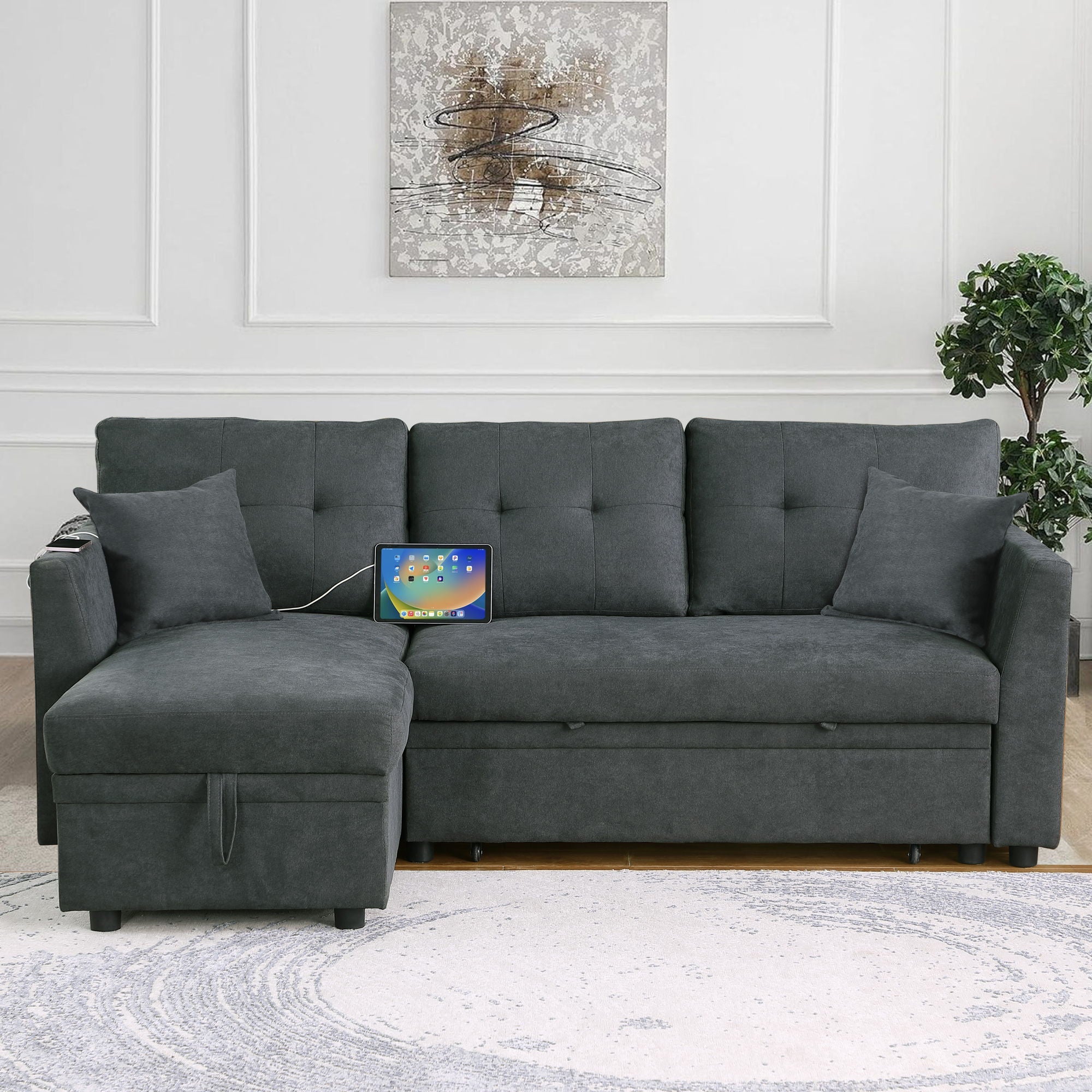 Sectional Sofa Bed L Shaped Sofa Couch Bed With USB Port, Reversible Chaise With Storage