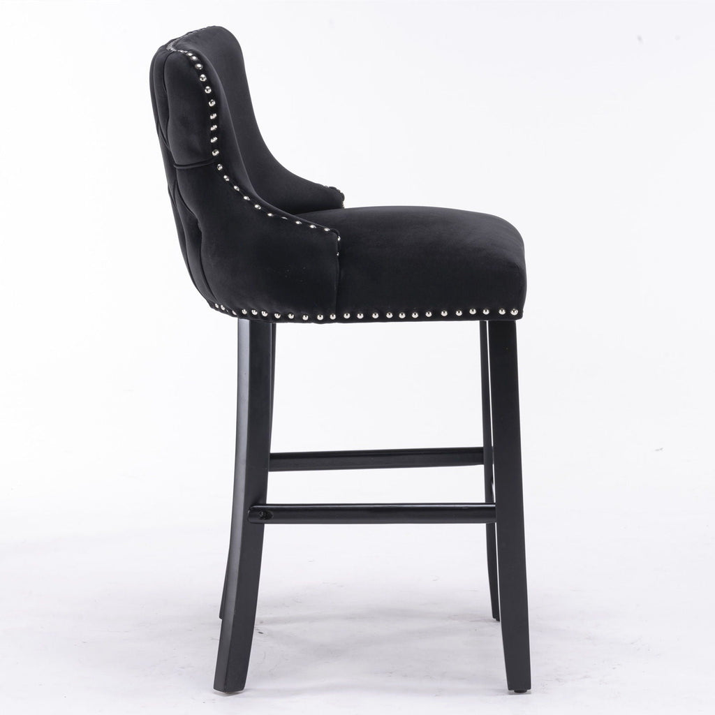 Contemporary Upholstered Wing-Back Barstools With Button Tufted Decoration And Wooden Legs, And Nailhead Trim, Leisure Style Bar Chairs, Bar Stools (Set of 2)