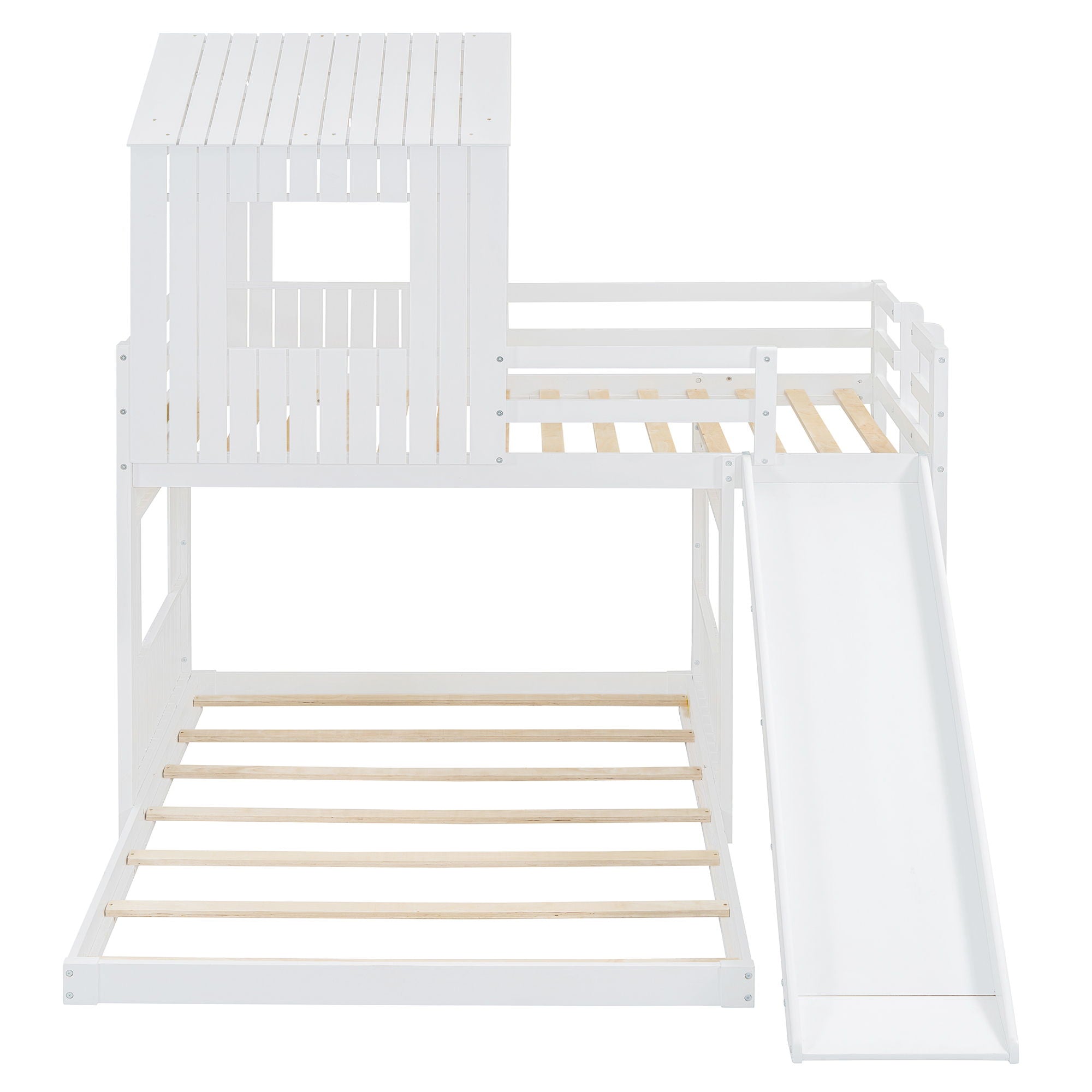 Loft Bunk Bed With Playhouse, Farmhouse, Ladder, Slide And Guardrails