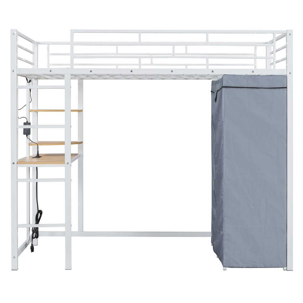 Loft Bed With Desk, Shelves, Power Outlet, LED Light And Wardrobe