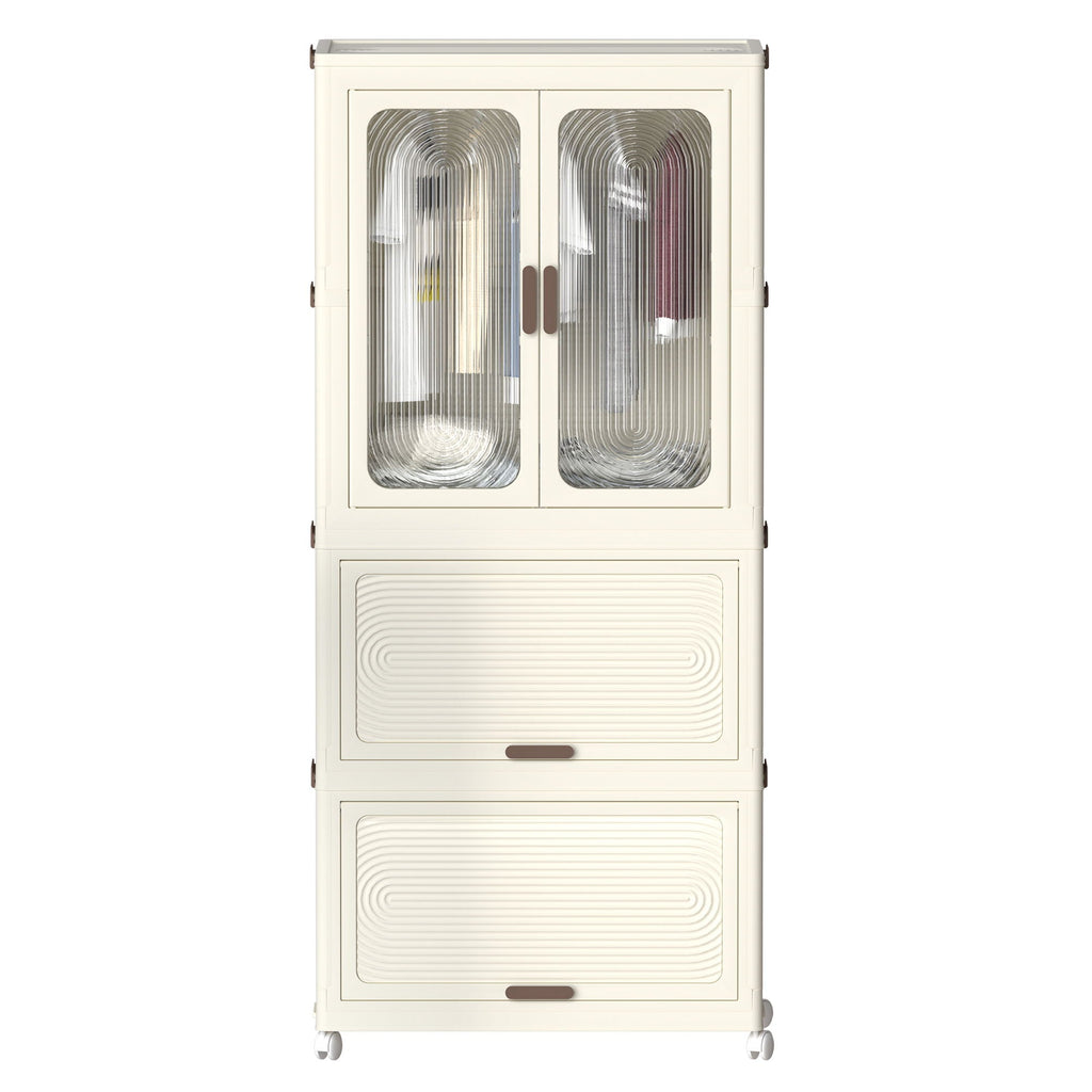 Portable Wardrobe Closet Storage Organizer With Magnetic Doors And Hanging Rod - Cream White